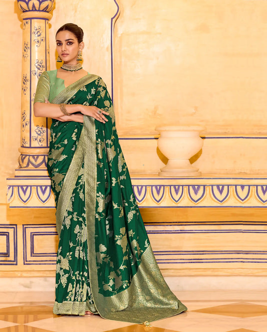 Deep Green Crepe Silk Zari Weaving Saree