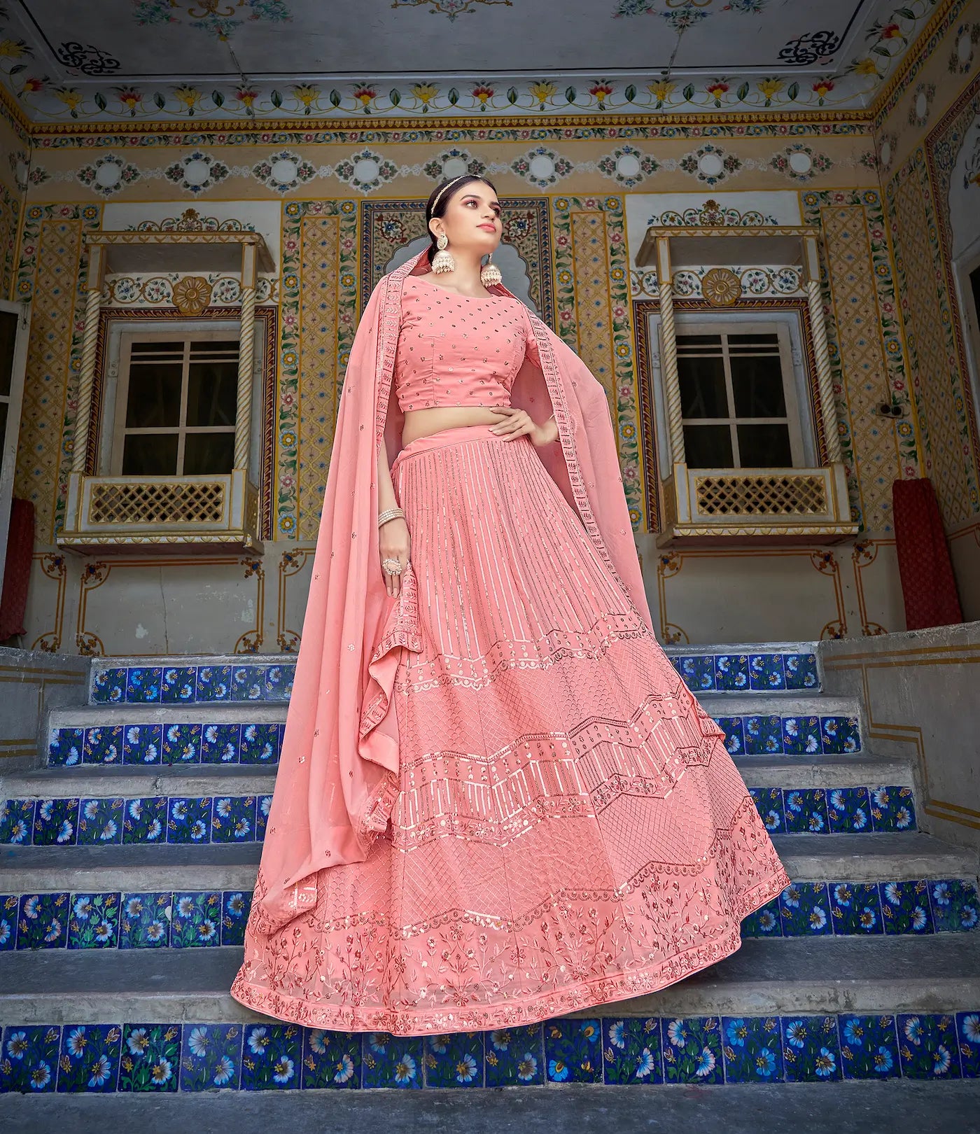 Pink-Peach Georgette Thread with Sequence Embroidery Work Lehenga Choli
