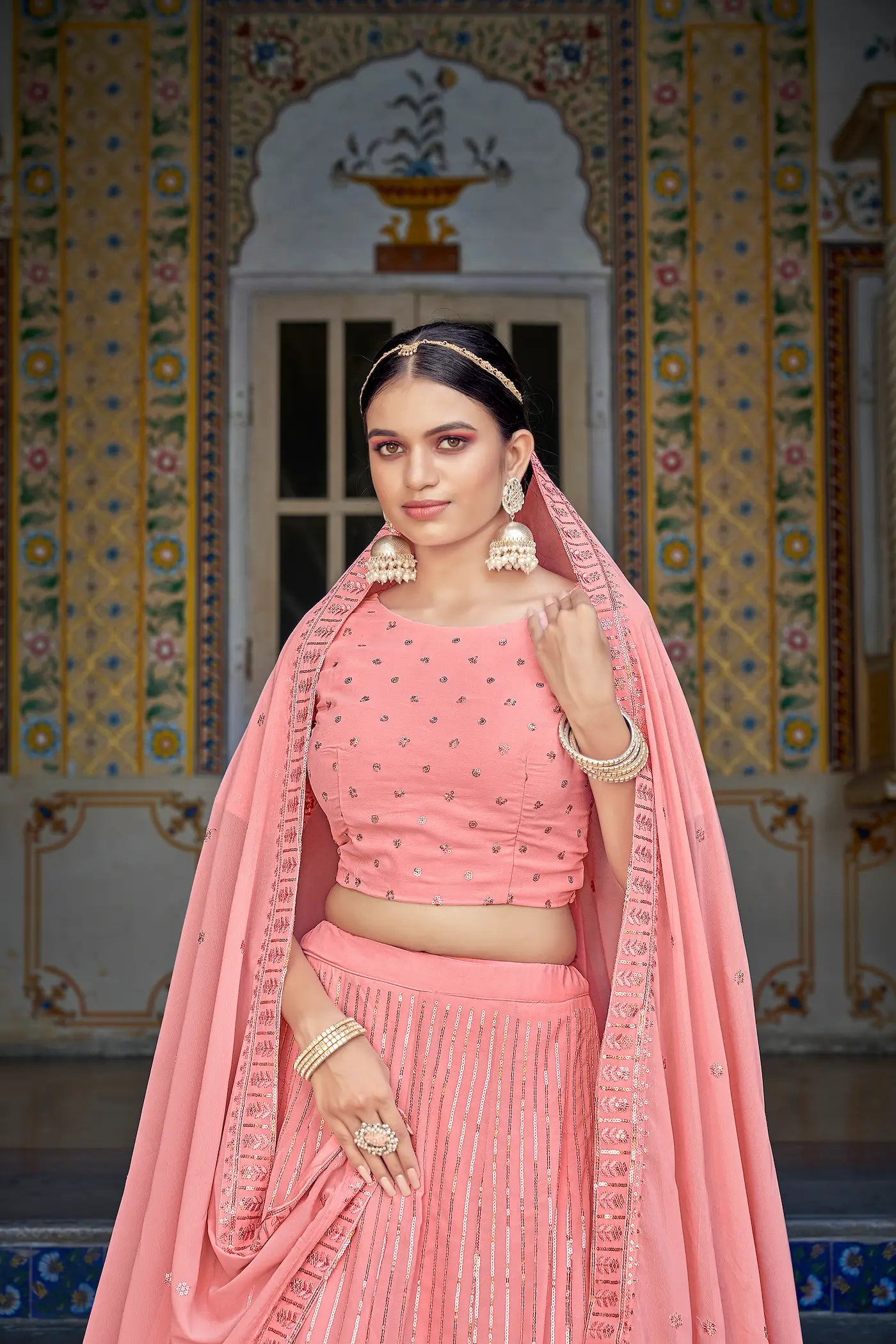 Pink-Peach Georgette Thread with Sequence Embroidery Work Lehenga Choli