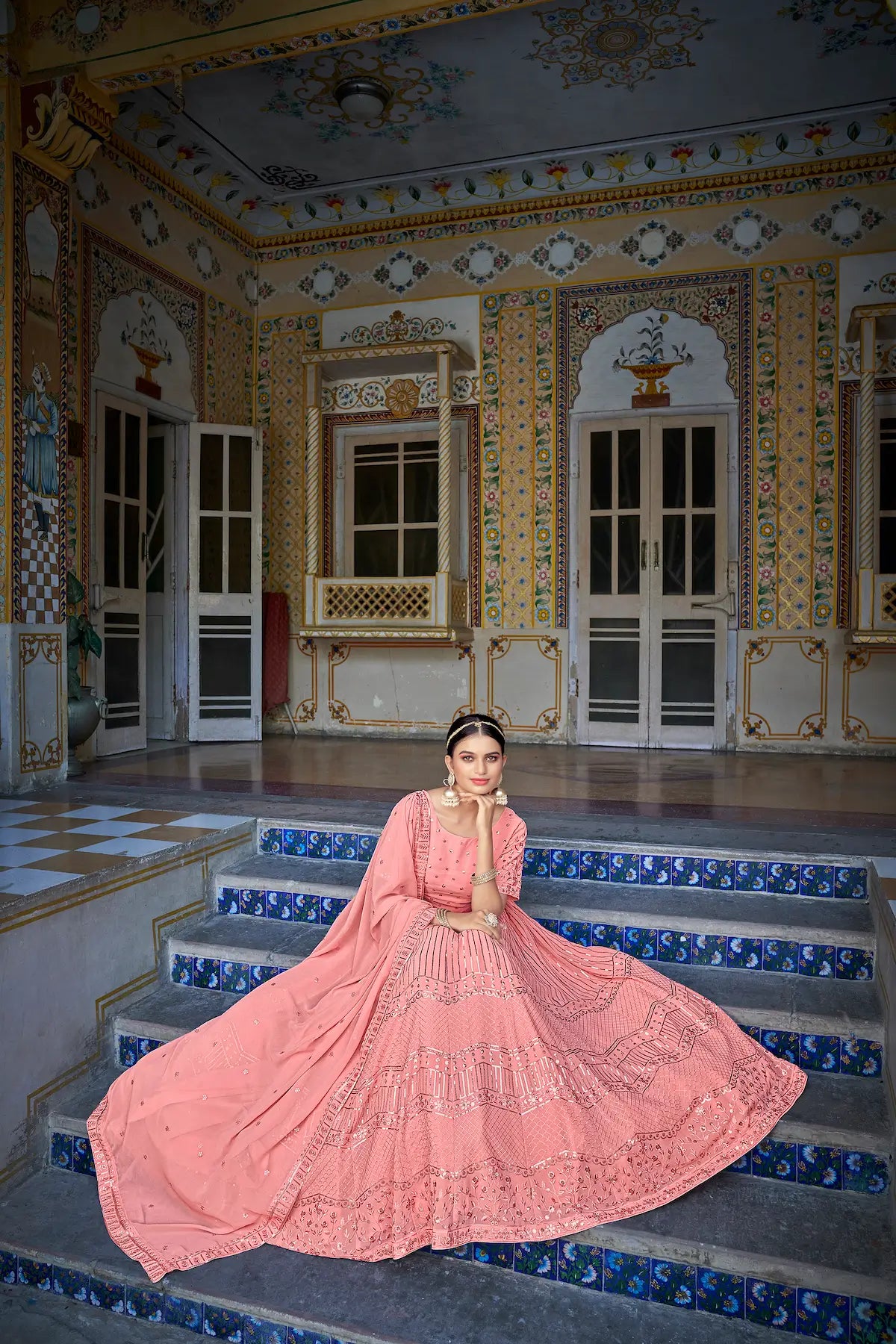Pink-Peach Georgette Thread with Sequence Embroidery Work Lehenga Choli