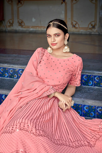 Pink-Peach Georgette Thread with Sequence Embroidery Work Lehenga Choli