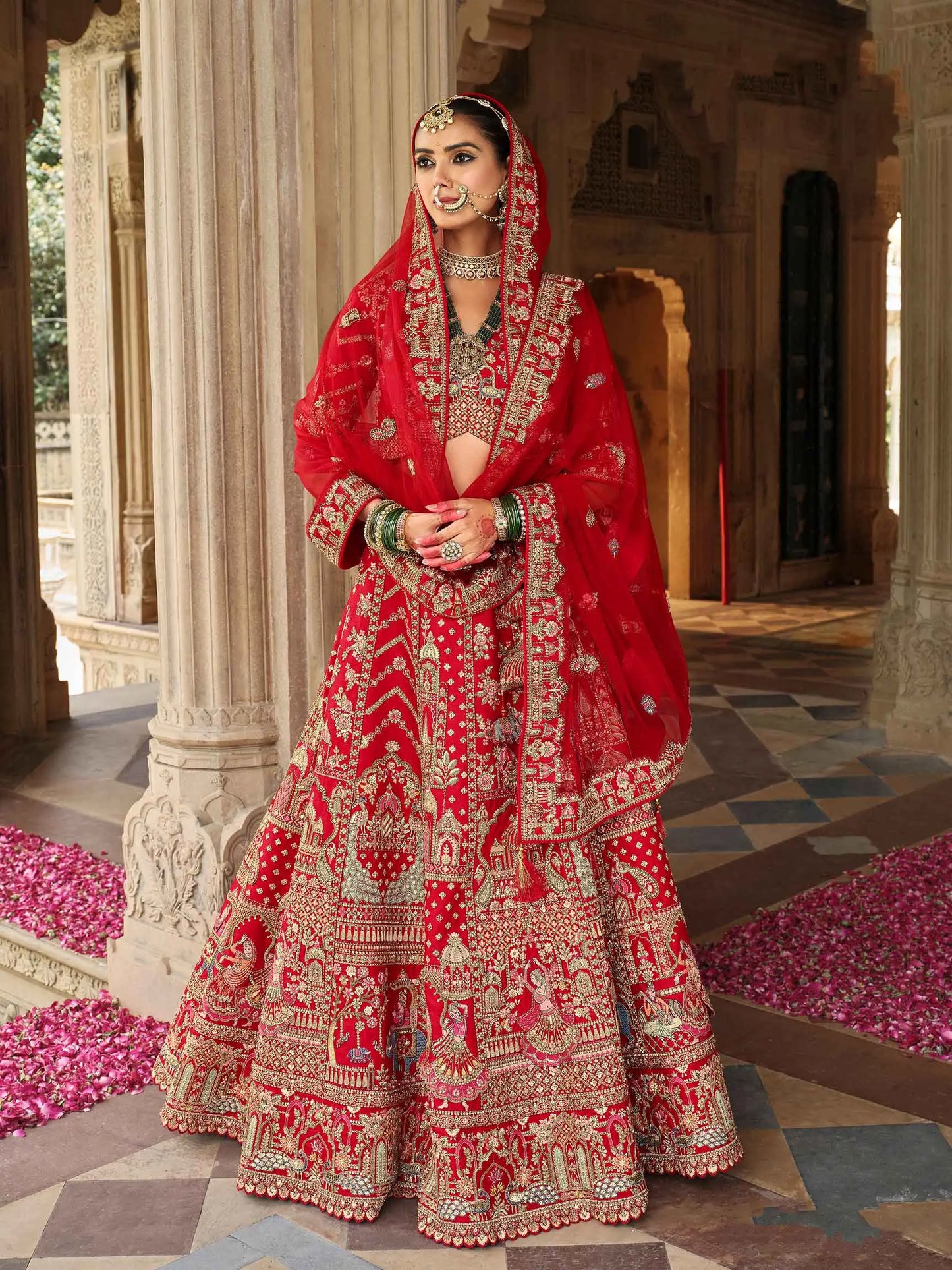 Scarlet Red Khatli Embroidery Bridal Lehenga & 2 Dupatta