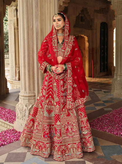 Scarlet Red Khatli Embroidery Bridal Lehenga & 2 Dupatta
