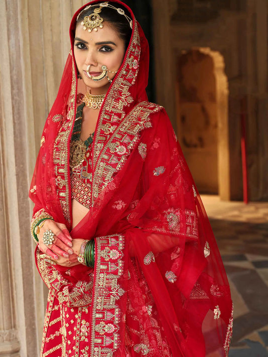 Scarlet Red Khatli Embroidery Bridal Lehenga & 2 Dupatta