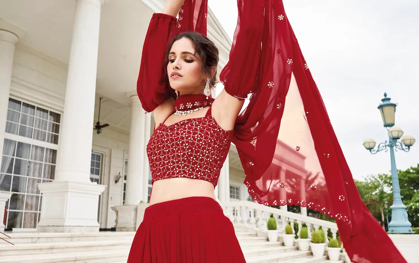 Red Georgette Thread & Sequence Embroidery Work Lehenga Choli