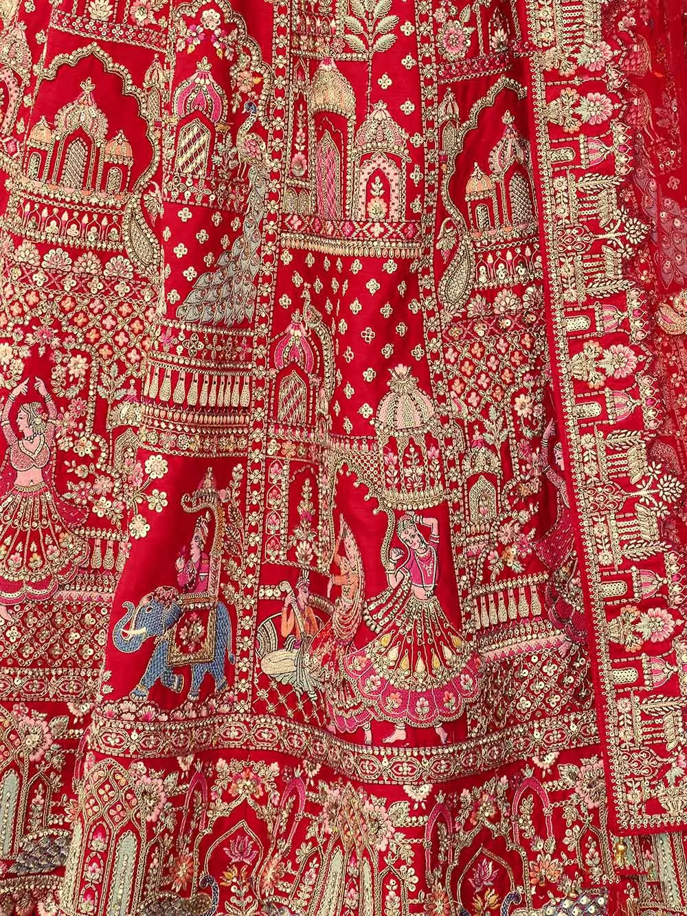 Scarlet Red Khatli Embroidery Bridal Lehenga & 2 Dupatta