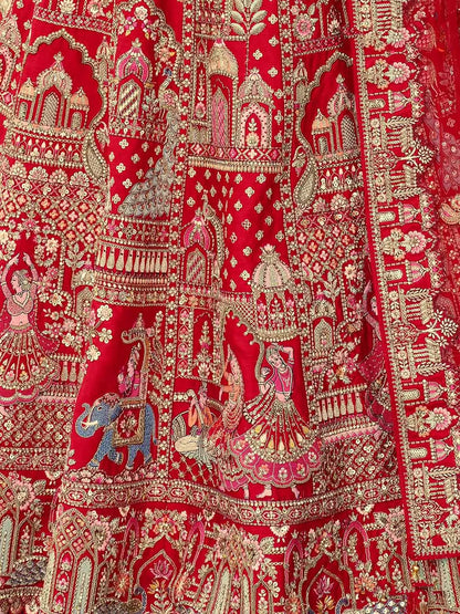 Scarlet Red Khatli Embroidery Bridal Lehenga & 2 Dupatta