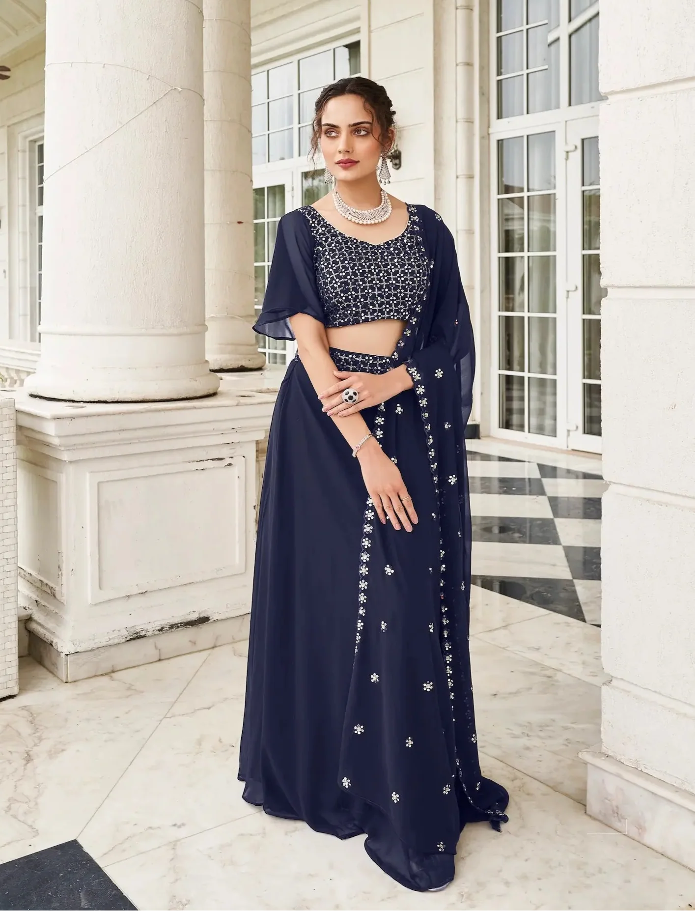Navy Blue Georgette Thread & Sequence Embroidery Work Lehenga Choli