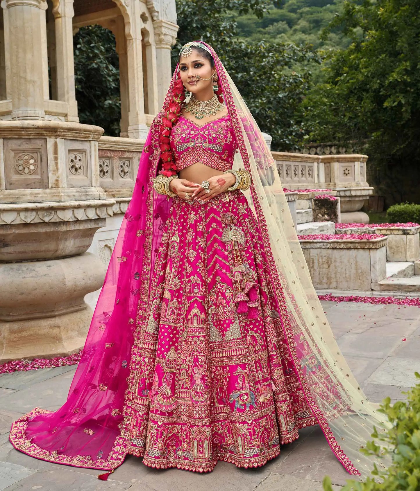 Dark Pink Khatli Embroidery Bridal Lehenga & 2 Dupatta