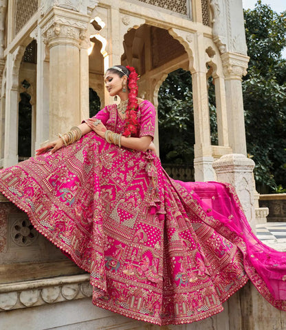 Dark Pink Khatli Embroidery Bridal Lehenga & 2 Dupatta