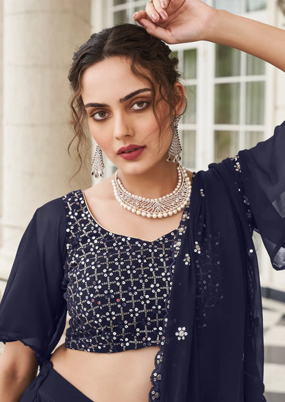 Navy Blue Georgette Thread & Sequence Embroidery Work Lehenga Choli
