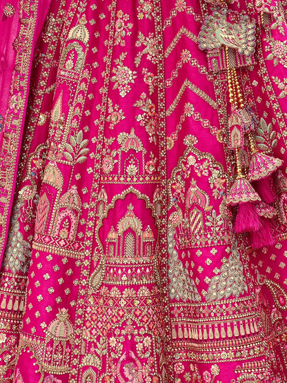 Dark Pink Khatli Embroidery Bridal Lehenga & 2 Dupatta