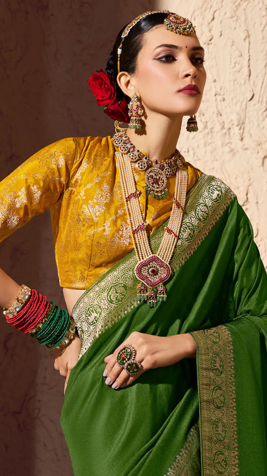 Olive Green Georgette Zari Weaving Saree