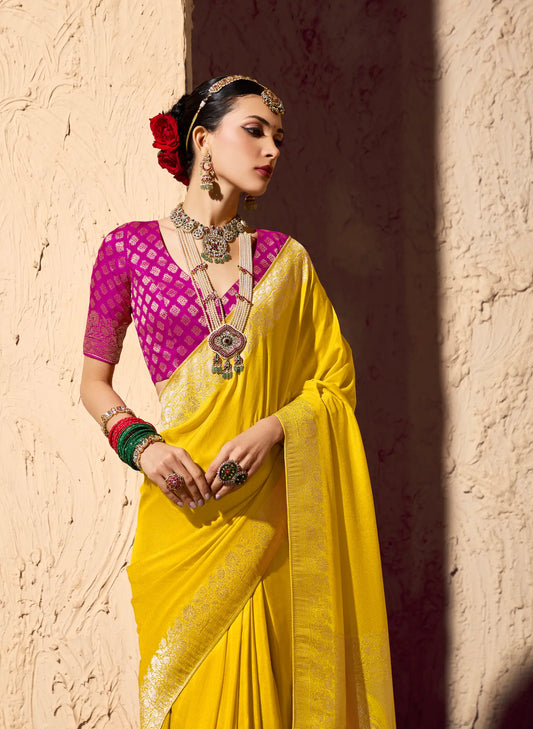 Bright Yellow Georgette Zari Weaving Saree
