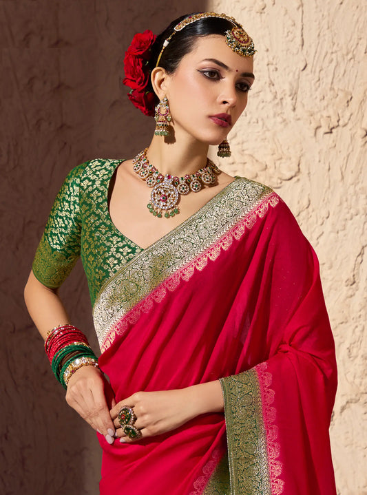 Bright Red Georgette Zari Weaving Saree