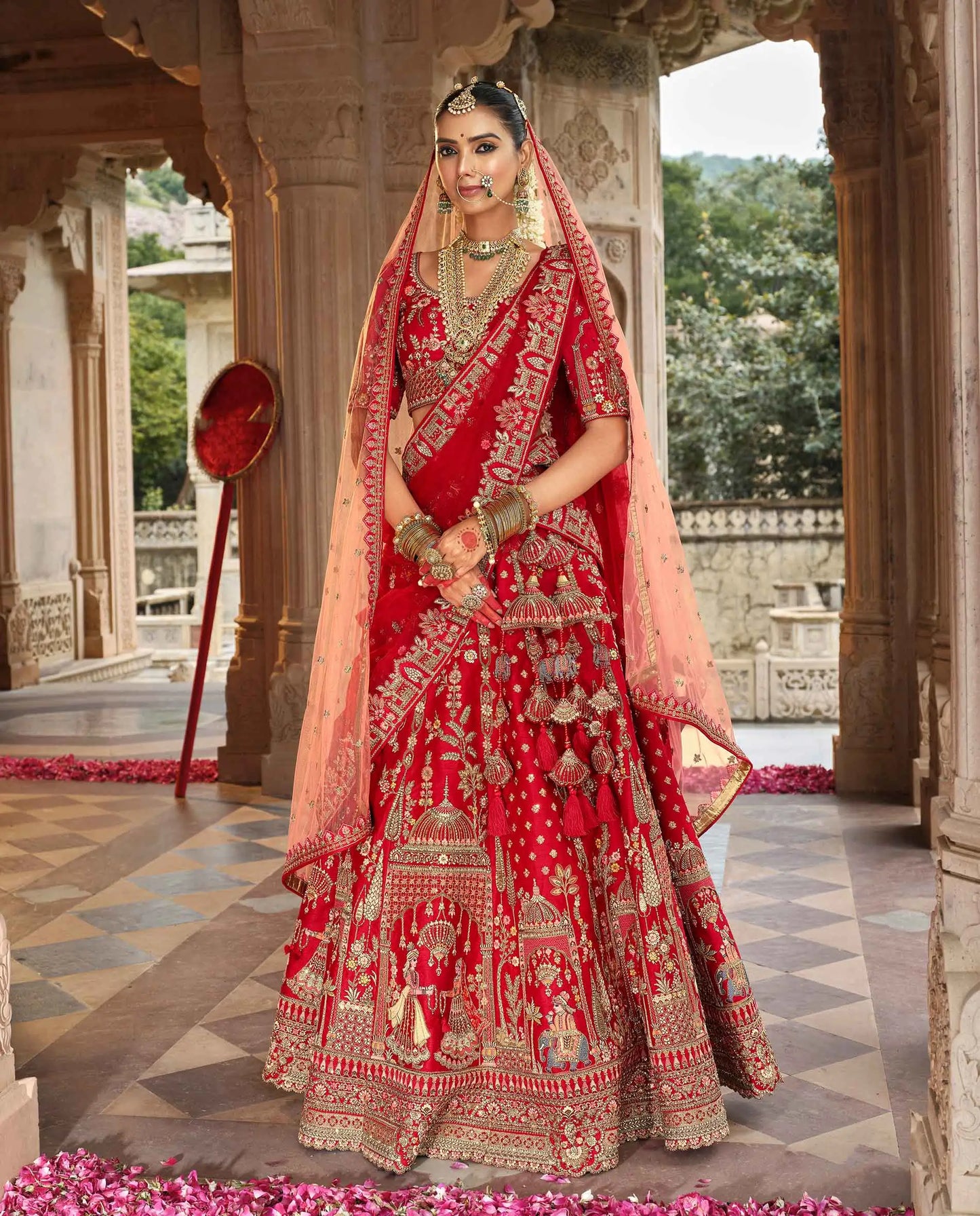 Red Khatli Embroidery Bridal Lehenga With 2 Dupatta