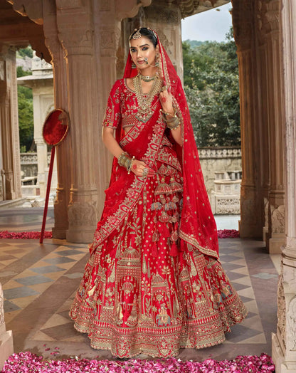 Red Khatli Embroidery Bridal Lehenga With 2 Dupatta