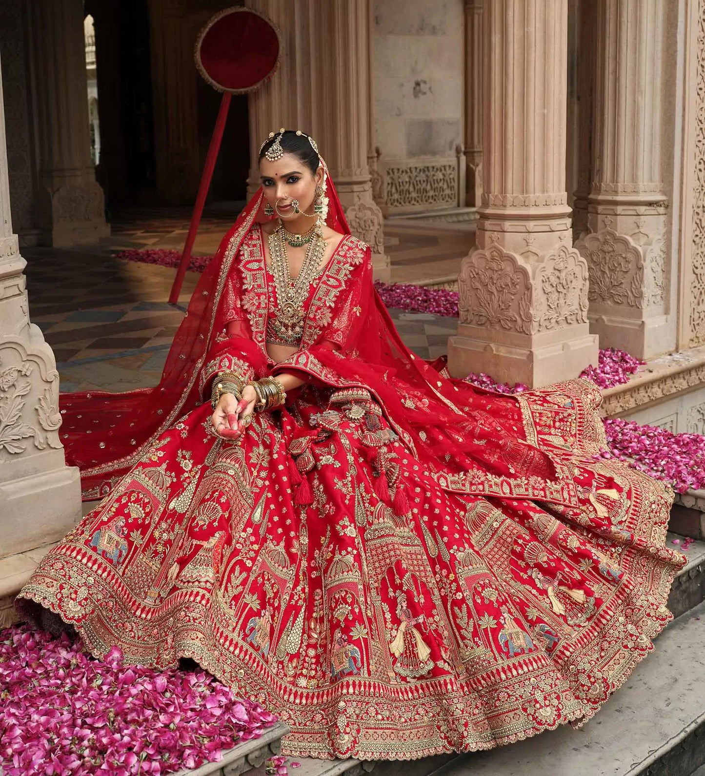 Red Khatli Embroidery Bridal Lehenga With 2 Dupatta