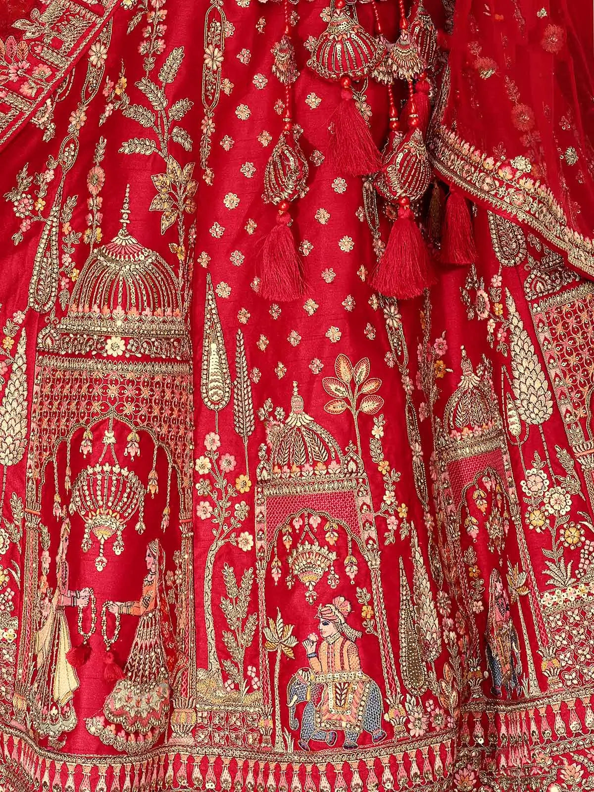 Red Khatli Embroidery Bridal Lehenga With 2 Dupatta