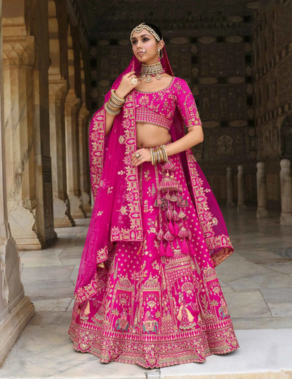 Dark Pink Bridal Lehenga Khatli Embroidery & 2 Dupatta