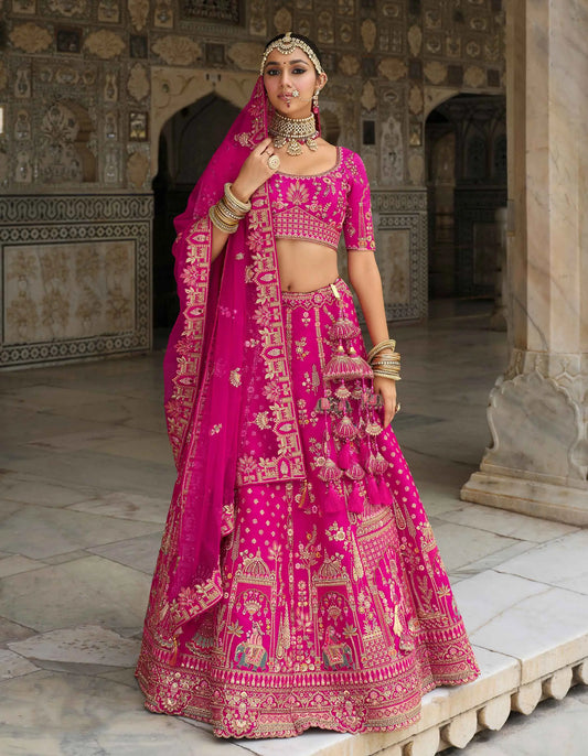 Dark Pink Bridal Lehenga Khatli Embroidery & 2 Dupatta
