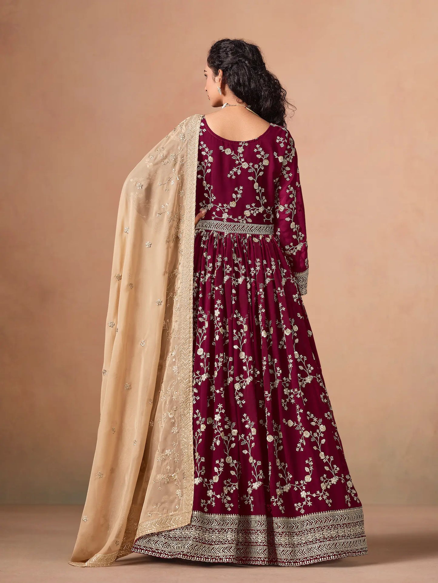 Maroon Georgette Embroidery Gown With Organza Dupatta