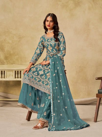 Dusty Teal Net Palazzo Suit With Sequins Embroidery