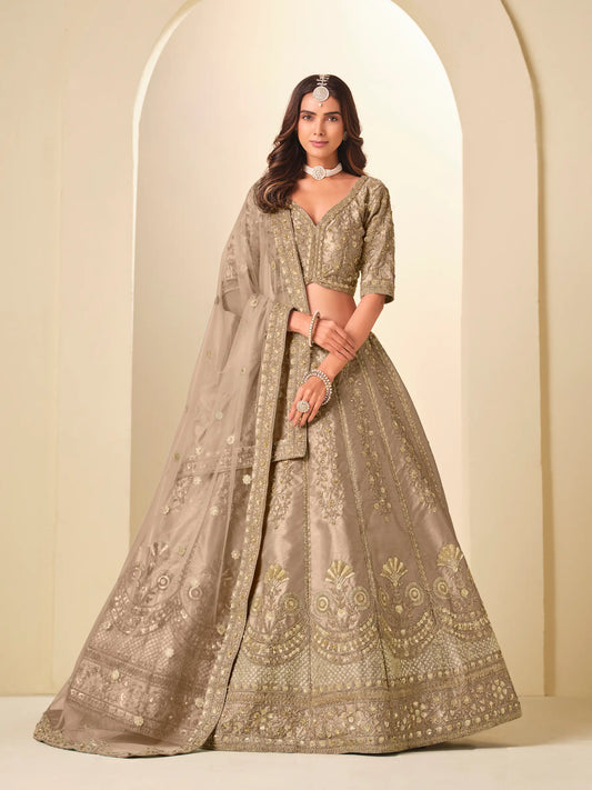 Sand Brown Art Silk Embroidered Lehenga Choli