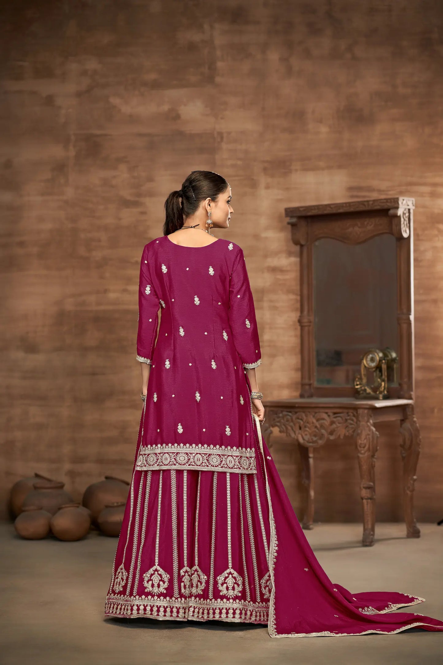 Dark Pink Chinon Palazzo Salwar Suit With Thread & Sequins Embroidery Work