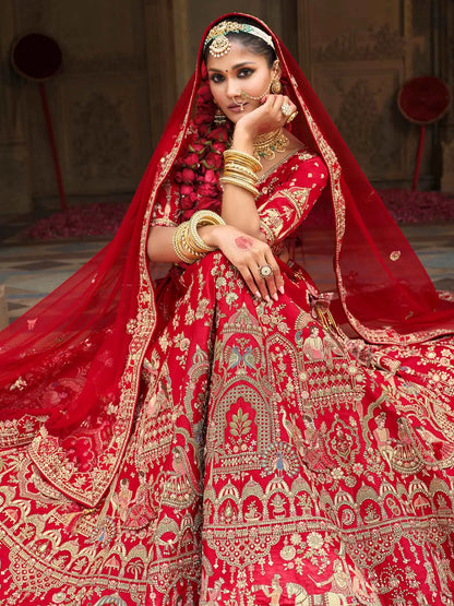 Designer Red Bridal Lehenga Khatli Embroidery & 2 Dupatta