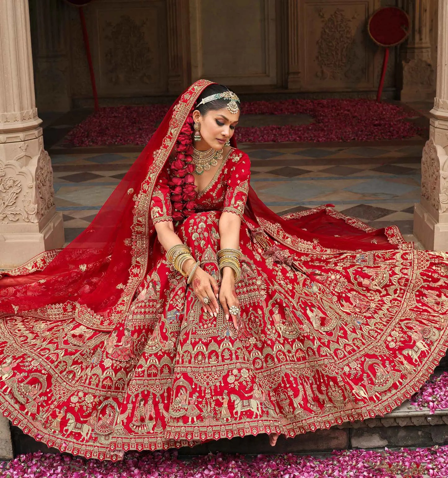 Designer Red Bridal Lehenga Khatli Embroidery & 2 Dupatta