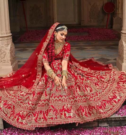 Designer Red Bridal Lehenga Khatli Embroidery & 2 Dupatta