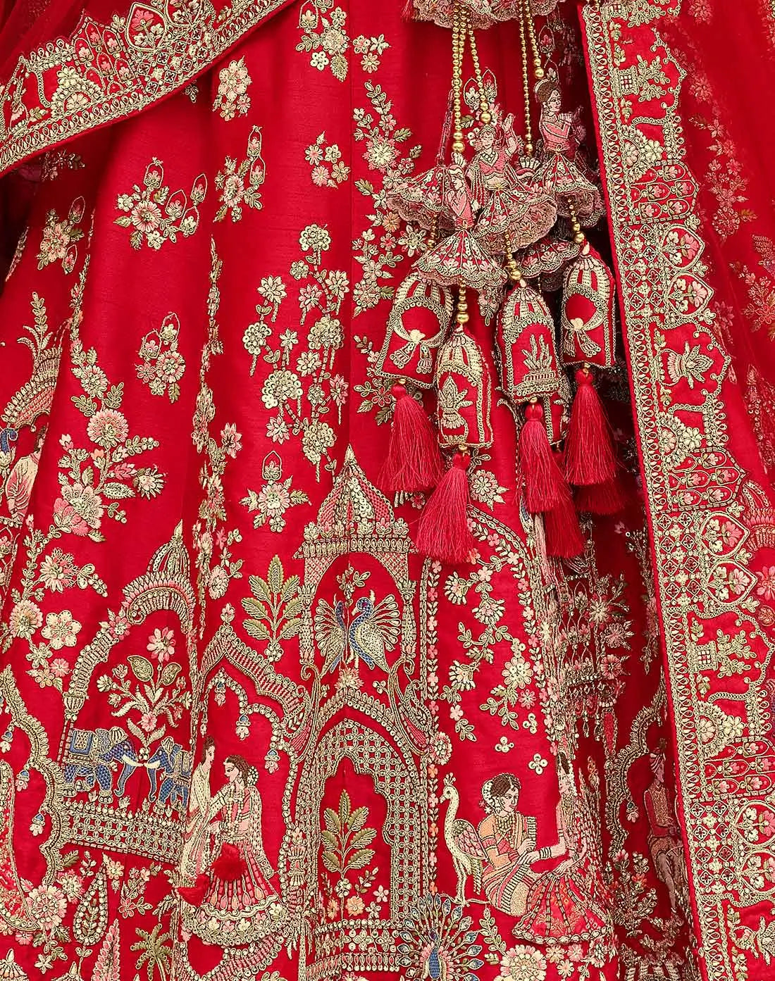 Designer Red Bridal Lehenga Khatli Embroidery & 2 Dupatta