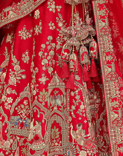 Designer Red Bridal Lehenga Khatli Embroidery & 2 Dupatta
