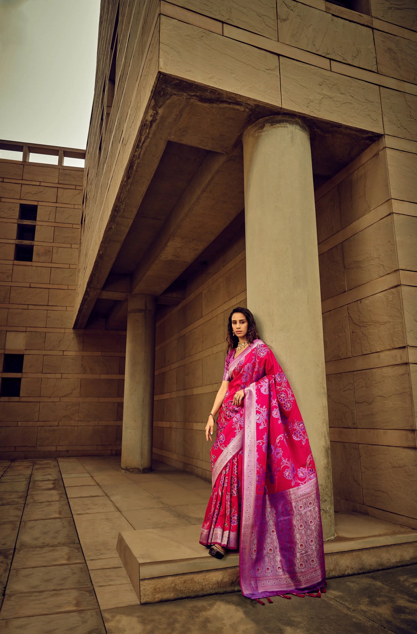 Pink Satin Brasso Handwoven Silk With Flower Weaving Saree