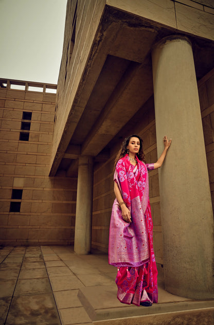 Pink Satin Brasso Handwoven Silk With Flower Weaving Saree