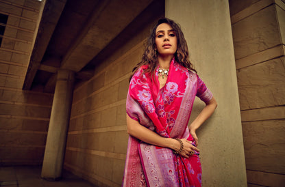 Pink Satin Brasso Handwoven Silk With Flower Weaving Saree