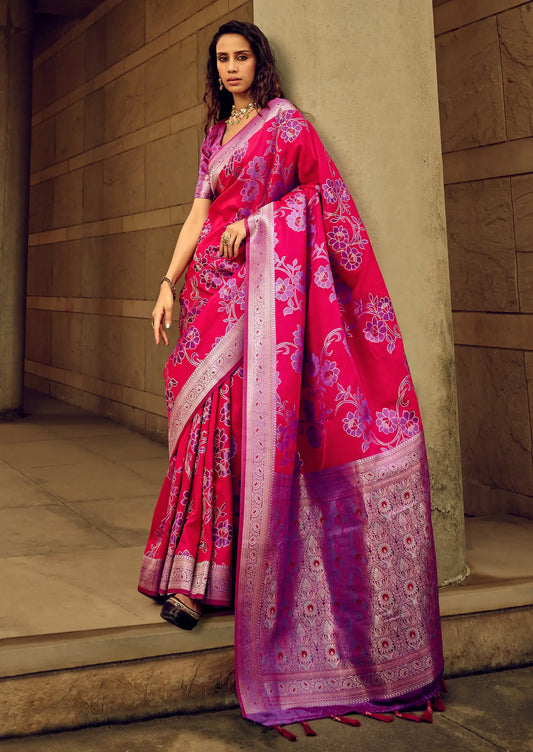 Pink Satin Brasso Handwoven Silk With Flower Weaving Saree