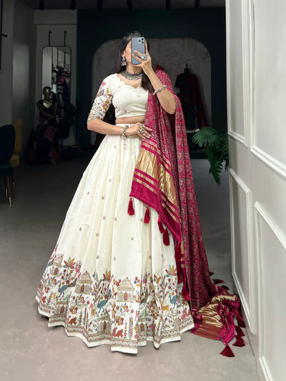 White Khadi Cotton Embroidery Lehenga Choli With Gaji Silk Dupatta