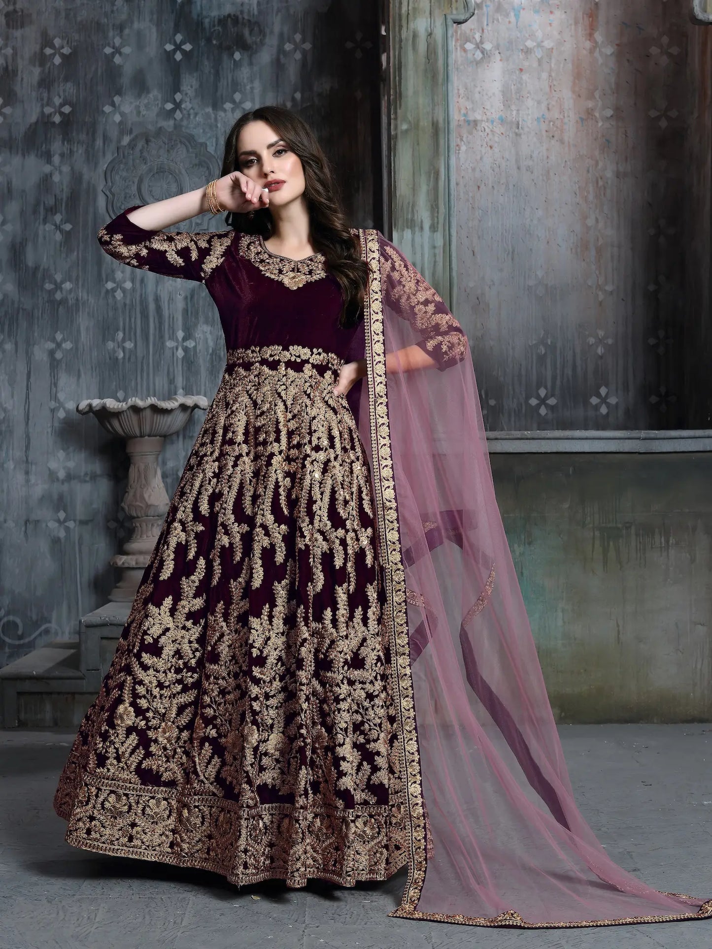 Wine Velvet Thread & Sequence Embroidery Work Gown