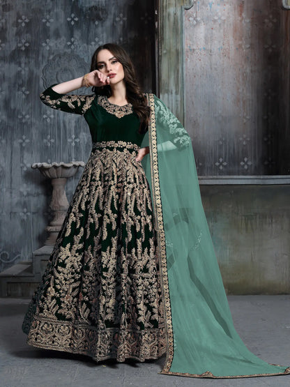 Green Velvet Thread & Sequence Embroidery Work Gown