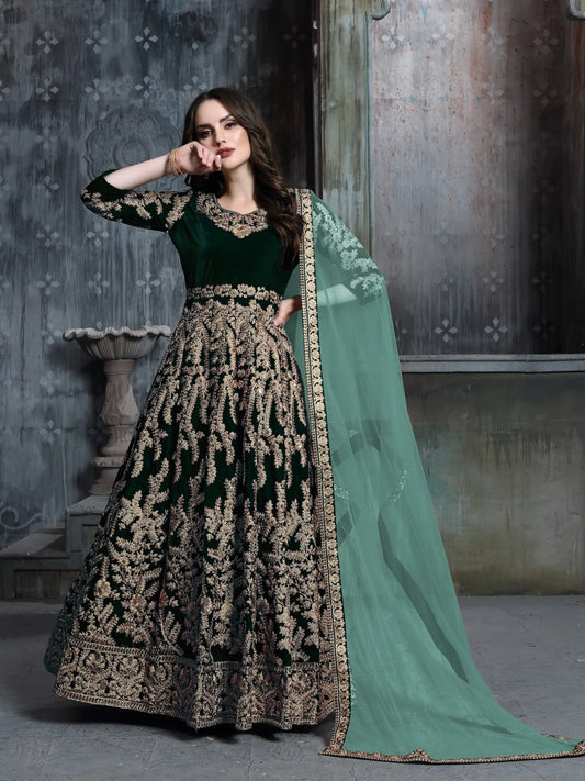 Green Velvet Thread & Sequence Embroidery Work Gown