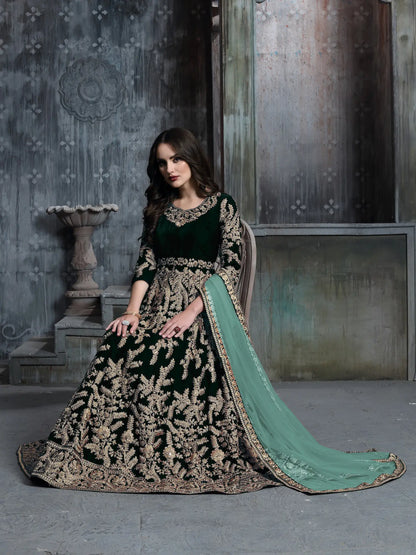 Green Velvet Thread & Sequence Embroidery Work Gown