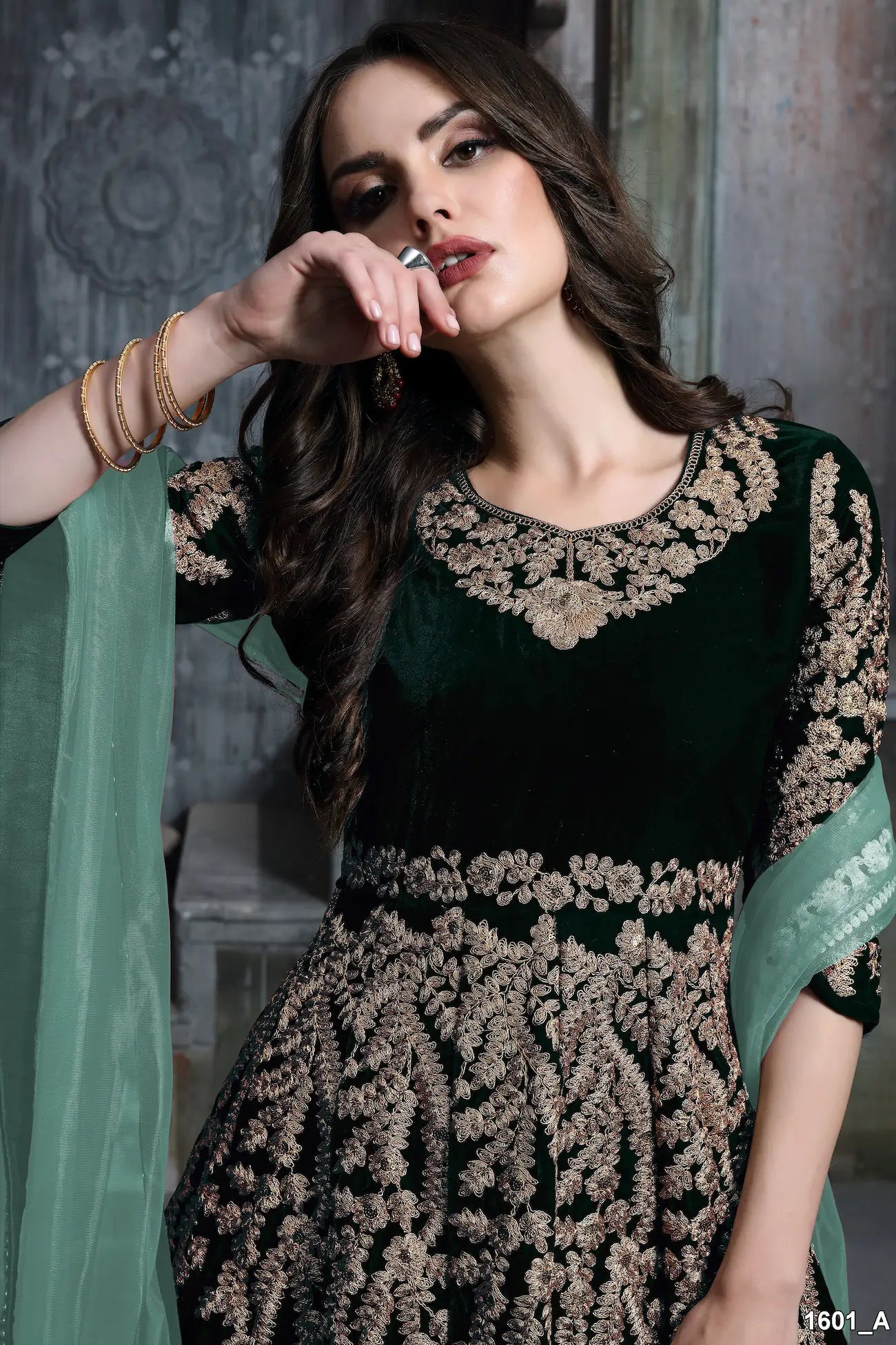 Green Velvet Thread & Sequence Embroidery Work Gown