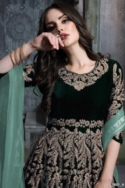 Green Velvet Thread & Sequence Embroidery Work Gown