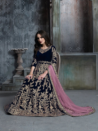 Navy Blue Velvet Thread & Sequence Embroidery Work Gown