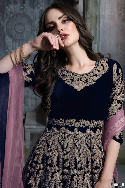 Navy Blue Velvet Thread & Sequence Embroidery Work Gown