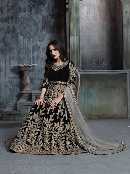 Black Velvet Thread & Sequence Embroidery Work Gown