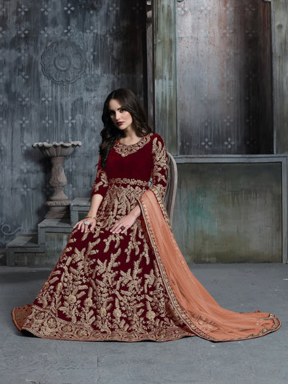Maroon Velvet Thread & Sequence Embroidery Work Gown