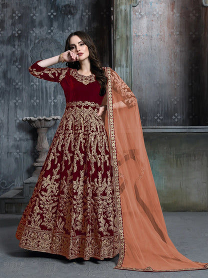 Maroon Velvet Thread & Sequence Embroidery Work Gown